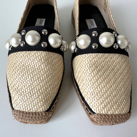 Jimmy Choo Dru Espadrilles Raffia Flats with Pearls in Natural/Black Size 37 - Picture 8 of 16